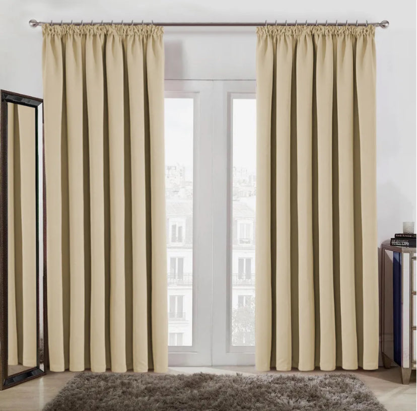 Beige Faux Suede Pencil Pleat Ready Made Curtains